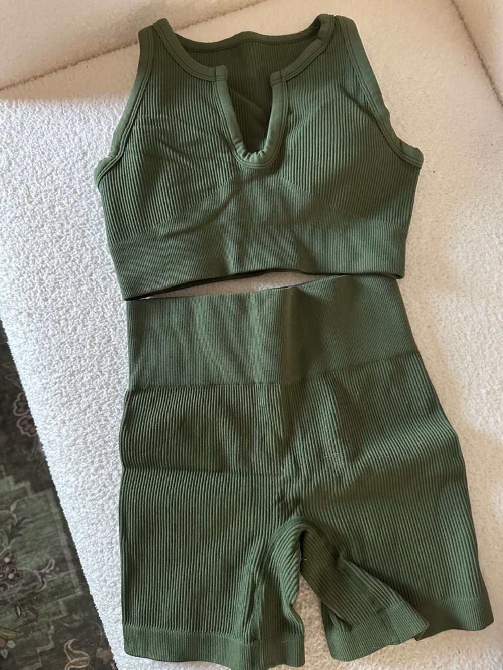 Amazon Olive Green Ribbed Active Crop Top and High-Waist Shorts Set